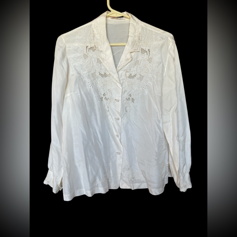 Vintage Ivory Embroidered Women's Button Down Silk Shirt